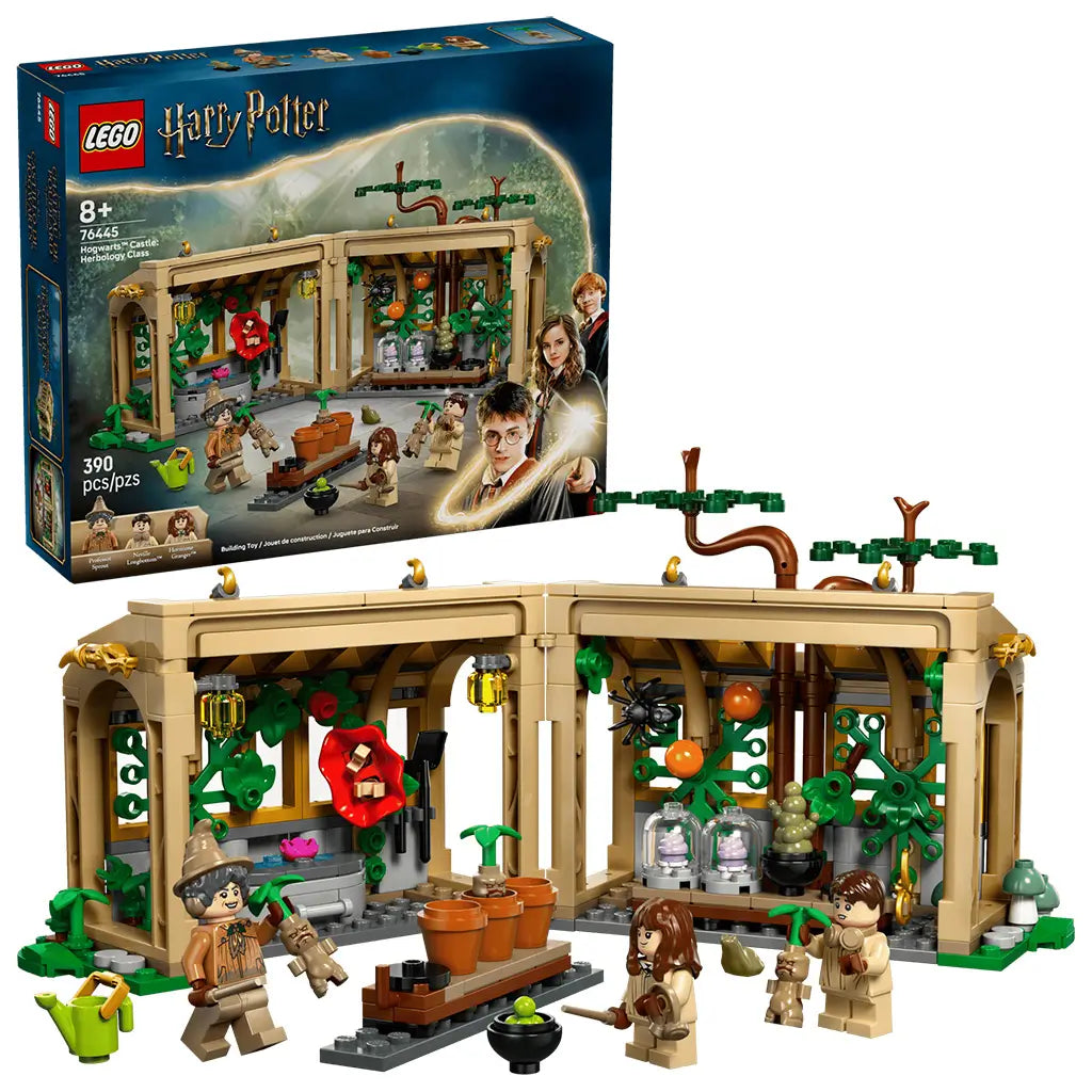 LEGO Harry Potter Herbology Class playset features tan plastic greenhouse rooms with green plants, magical accessories, Professor Sprout, student minifigures and tools on a clean white background.