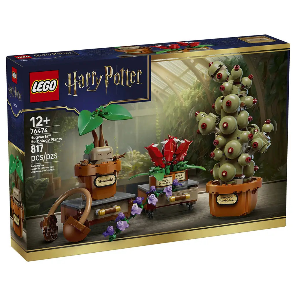 LEGO Harry Potter Hogwarts Herbology Plants 76474 box front presents the 817-piece set with green Mimbulus Mimbletonia, a Mandrake, red Fanged Geraniums, and purple flowers.