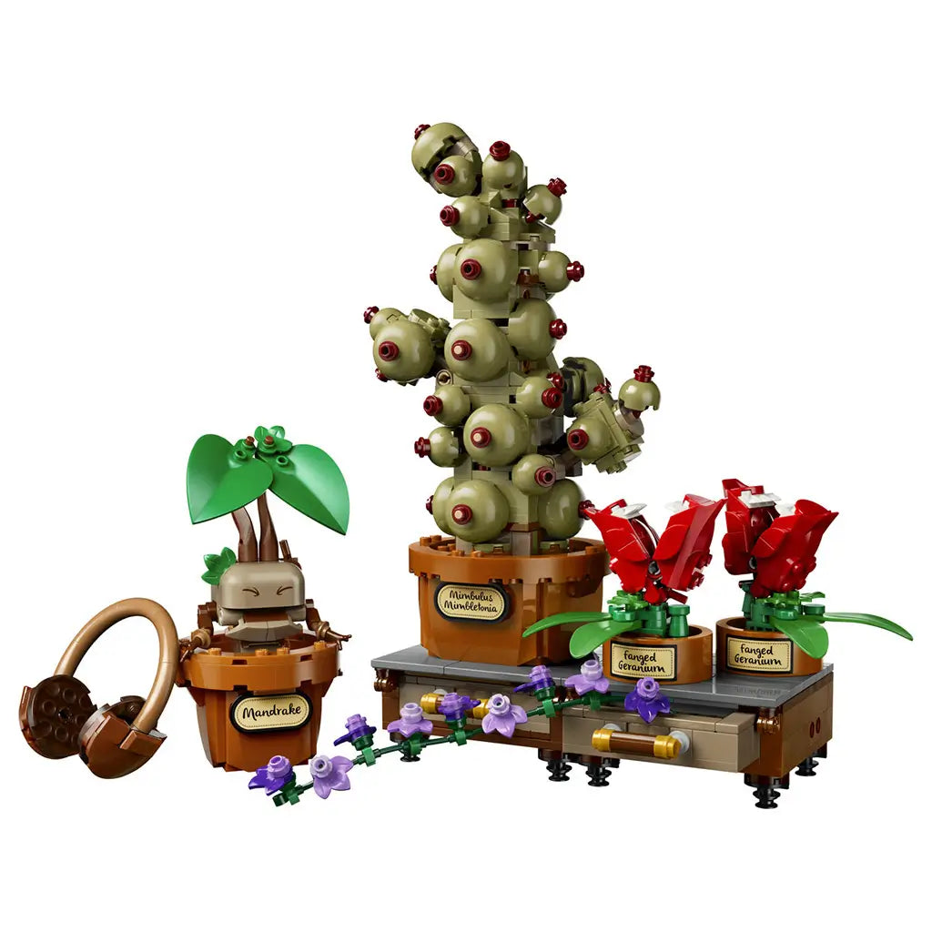 LEGO Harry Potter Hogwarts Herbology Plants set features green, red, brown, and purple brick models of a Mandrake, Mimbulus Mimbletonia, two Fanged Geraniums, and floral bench.