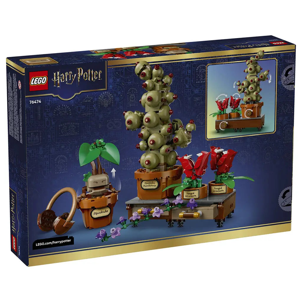 LEGO Harry Potter Hogwarts Herbology Plants 76474 package back shows green and red brick plants in brown pots, including a Mandrake, Mimbulus Mimbletonia, and geraniums.