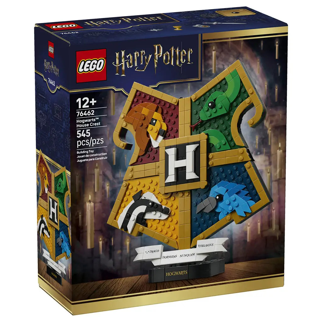 LEGO Harry Potter Hogwarts House Crest set 76462 box front in navy and gold, featuring the 545-piece brick crest with four animal panels and central H displayed on a black stand.