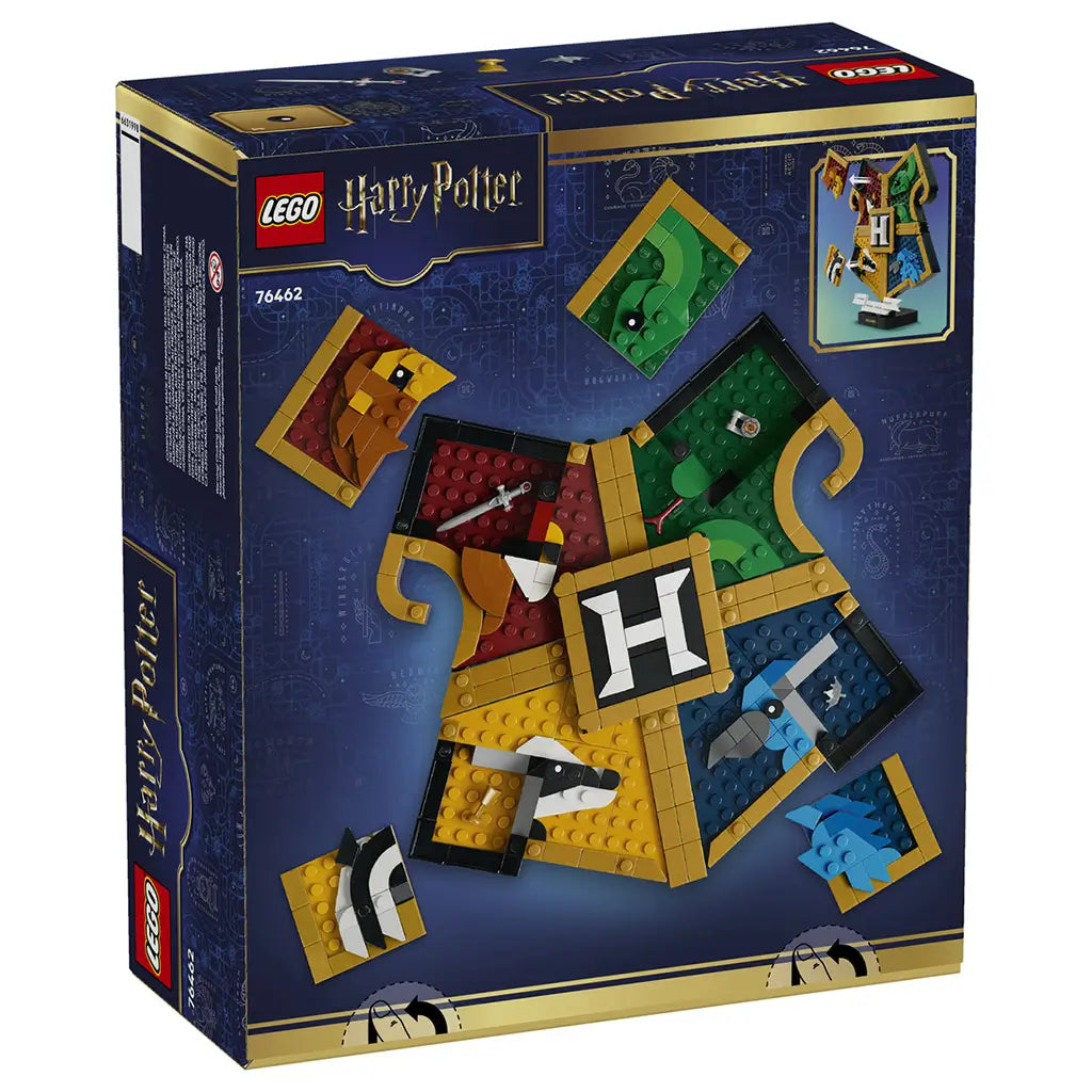 LEGO Harry Potter Hogwarts House Crest set 76462 box back in navy and gold, showing colorful brick-built lion, snake, badger and eagle panels arranged around a central H.