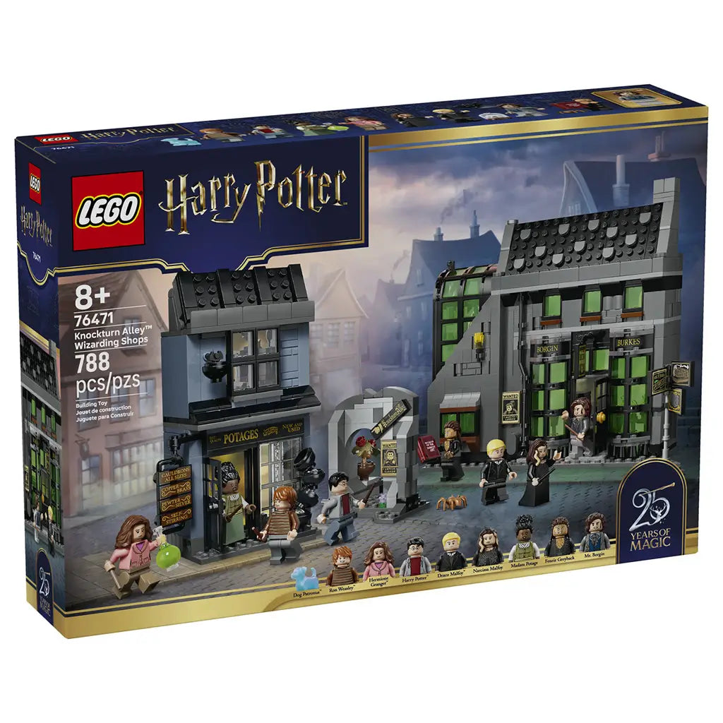 LEGO Harry Potter Knockturn Alley Wizarding Shops set 76471 in gray, black and green bricks, pictured on the box front with 788 pieces and 7 minifigures.