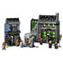 LEGO Harry Potter Knockturn Alley Wizarding Shops in gray, black and green plastic bricks, featuring Borgin and Burkes, Potages, an archway and 7 minifigures.