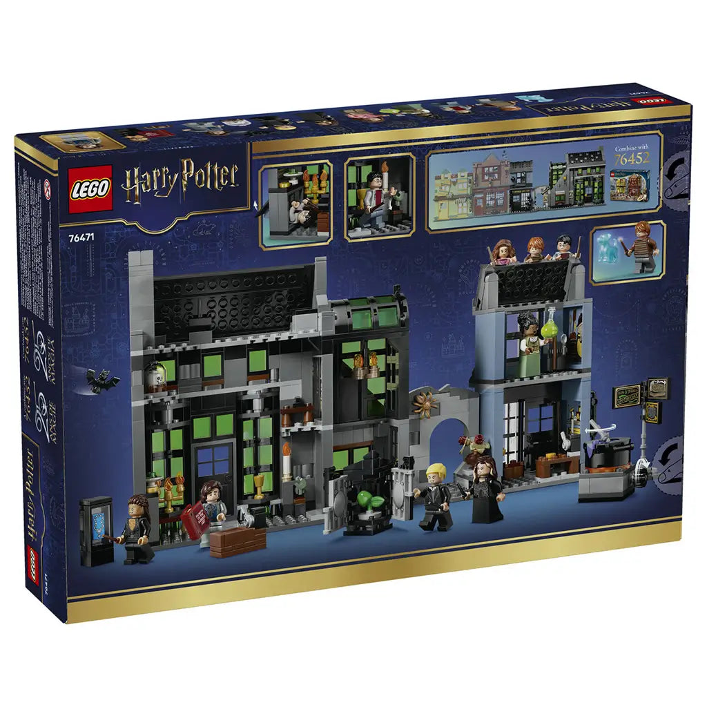 LEGO Harry Potter Knockturn Alley set 76471 in gray, black and green plastic bricks, shown on the package back with modular shops, minifigures and spare parts.