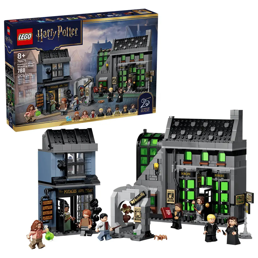 LEGO Harry Potter Knockturn Alley Wizarding Shops set 76471 in gray, black and green plastic bricks, shown with Borgin and Burkes, Potages, an archway, minifigures and retail box.