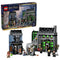 LEGO Harry Potter Knockturn Alley Wizarding Shops set 76471 in gray, black and green plastic bricks, shown with Borgin and Burkes, Potages, an archway, minifigures and retail box.