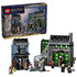 LEGO Harry Potter Knockturn Alley Wizarding Shops set 76471 in gray, black and green plastic bricks, shown with Borgin and Burkes, Potages, an archway, minifigures and retail box.