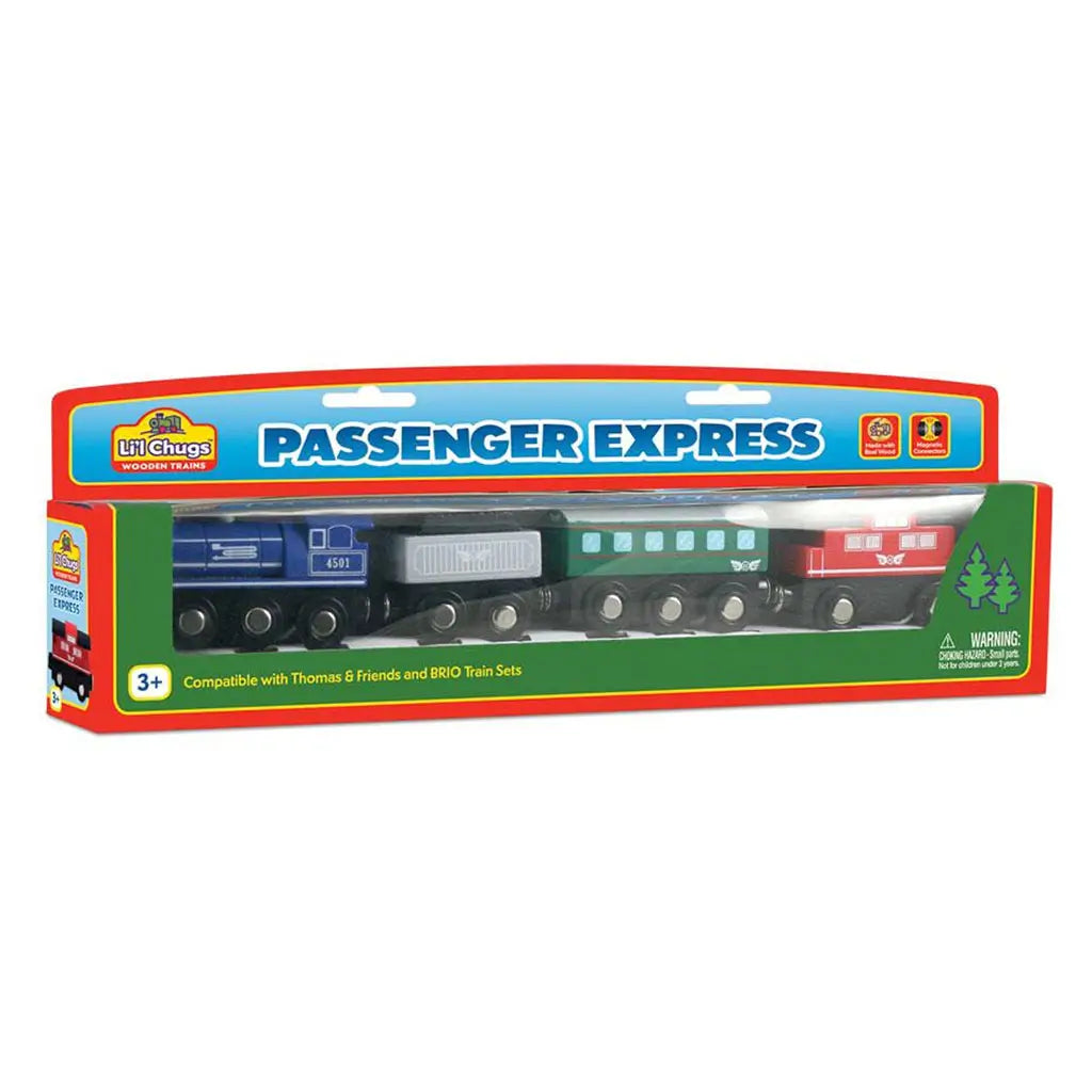 Li’l Chugs Passenger Express wooden train set in retail packaging, showing colorful blue, green, and red train cars compatible with Thomas & Friends and BRIO wooden railway systems for ages 3 and up.