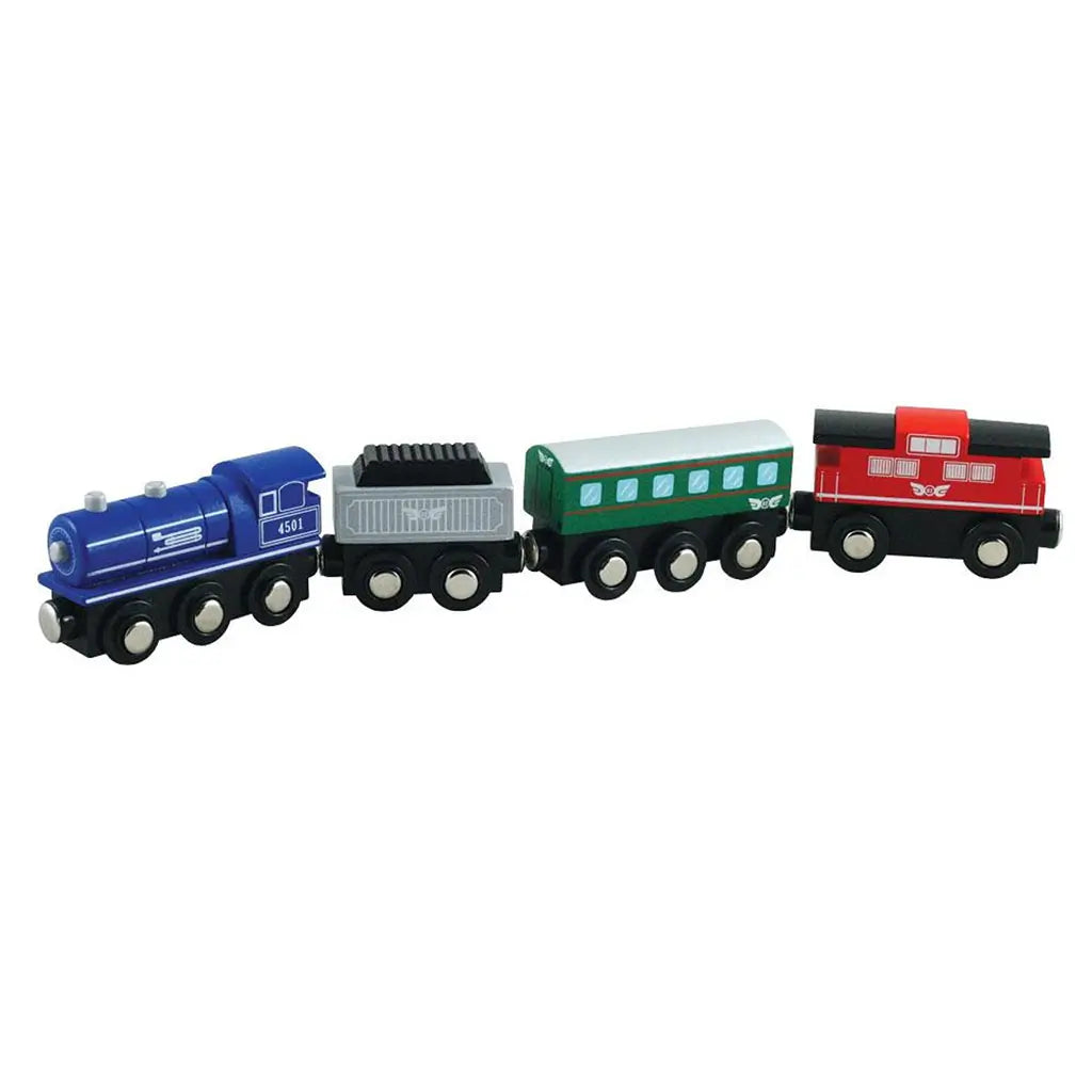 Li’l Chugs Passenger Express wooden train toy set with blue engine, gray coal car, green passenger coach, and red caboose, designed with smooth magnetic connectors for creative play and compatibility with BRIO sets.
