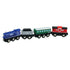 Li’l Chugs Passenger Express wooden train toy set with blue engine, gray coal car, green passenger coach, and red caboose, designed with smooth magnetic connectors for creative play and compatibility with BRIO sets.