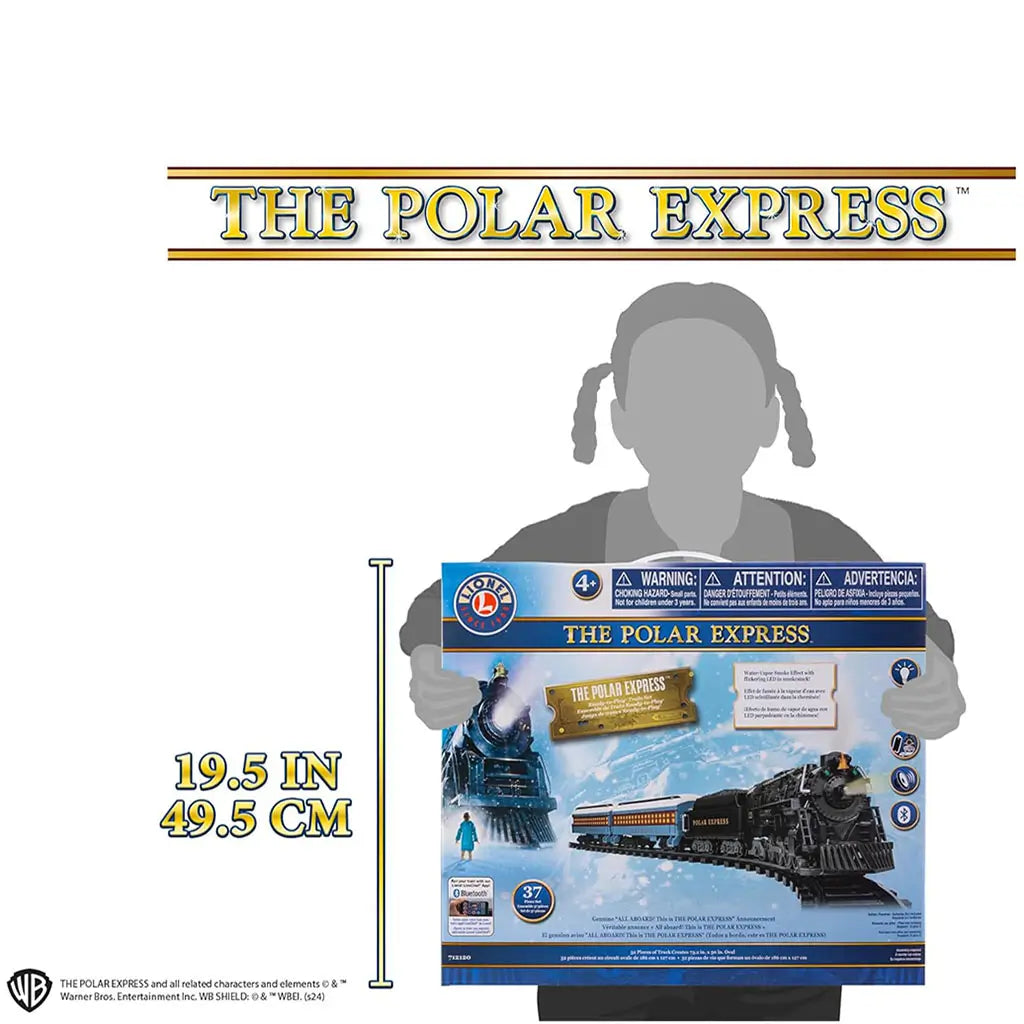 Silhouette of a child holding Lionel Polar Express train set box measuring 19.5 inches tall, highlighting product scale and packaging dimensions for display and gifting.