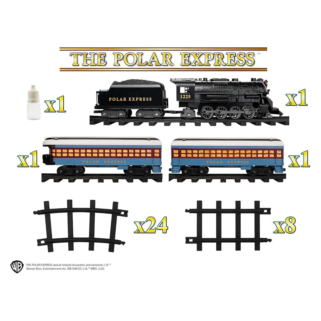 Complete Lionel Polar Express train set with black locomotive, two blue passenger cars, curved and straight track pieces, and water dropper, all displayed in a flat lay format.