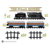 Complete Lionel Polar Express train set with black locomotive, two blue passenger cars, curved and straight track pieces, and water dropper, all displayed in a flat lay format.
