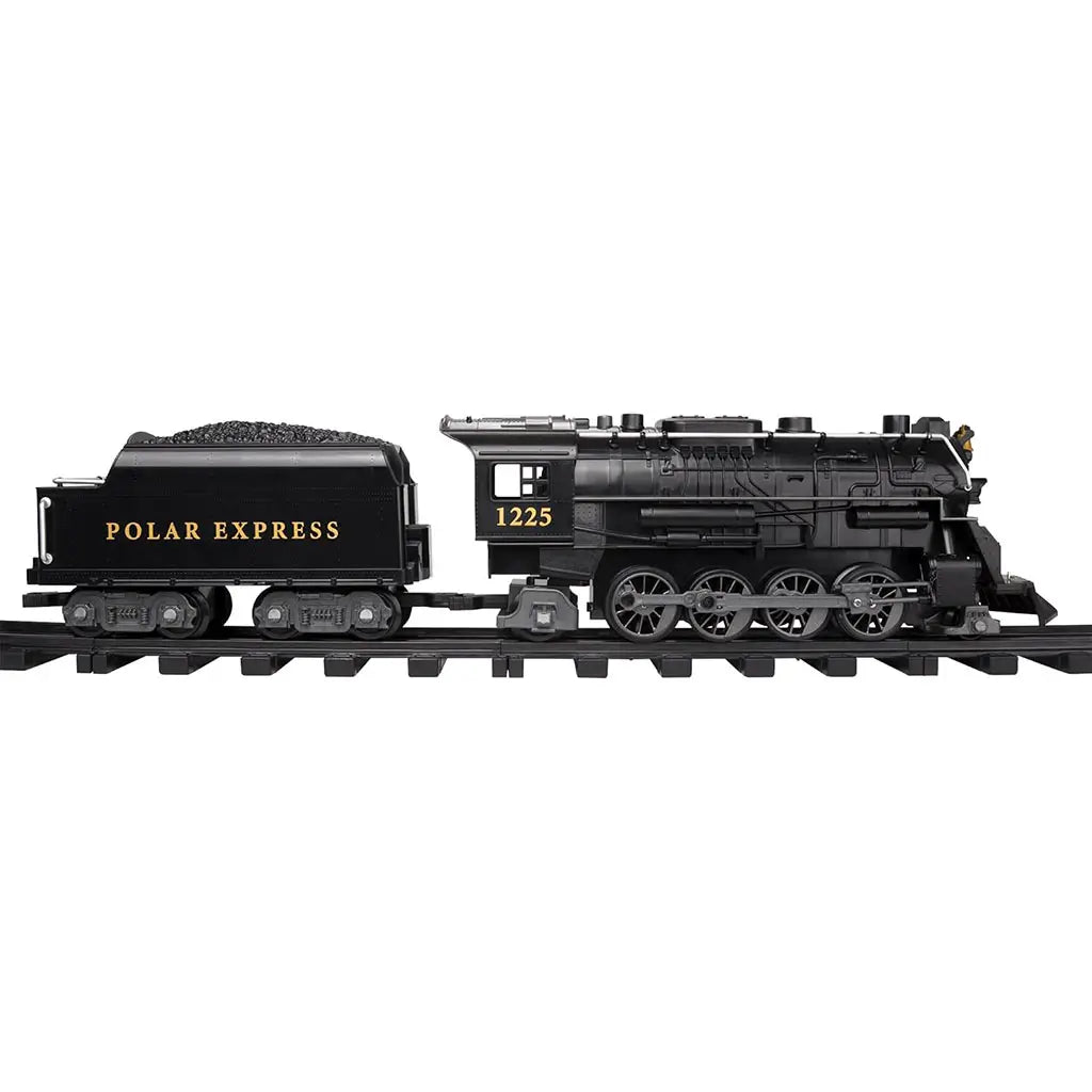 Black Lionel Polar Express locomotive numbered 1225 with tender car, detailed wheels, and gold lettering, displayed on black track in side profile view.