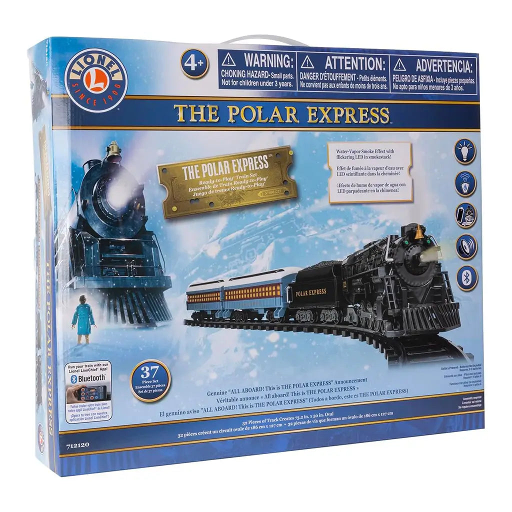 Front of Lionel Polar Express Ready-to-Play Train Set box showing black steam engine, blue passenger cars, and snowy background, labeled for ages 4 and up with Bluetooth compatibility.