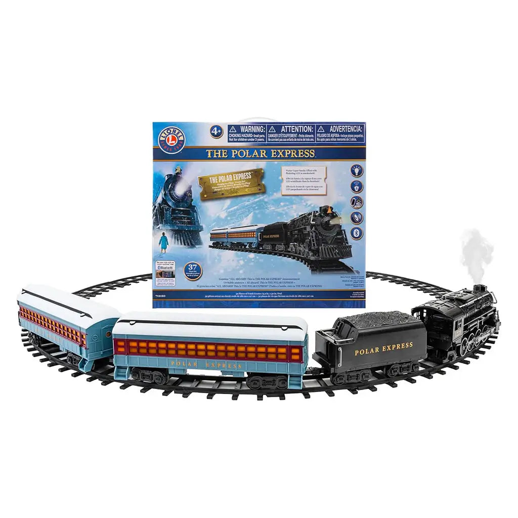 Lionel Polar Express ready-to-play electric train set on circular black tracks with detailed box packaging in the background, featuring the locomotive and passenger cars in motion.