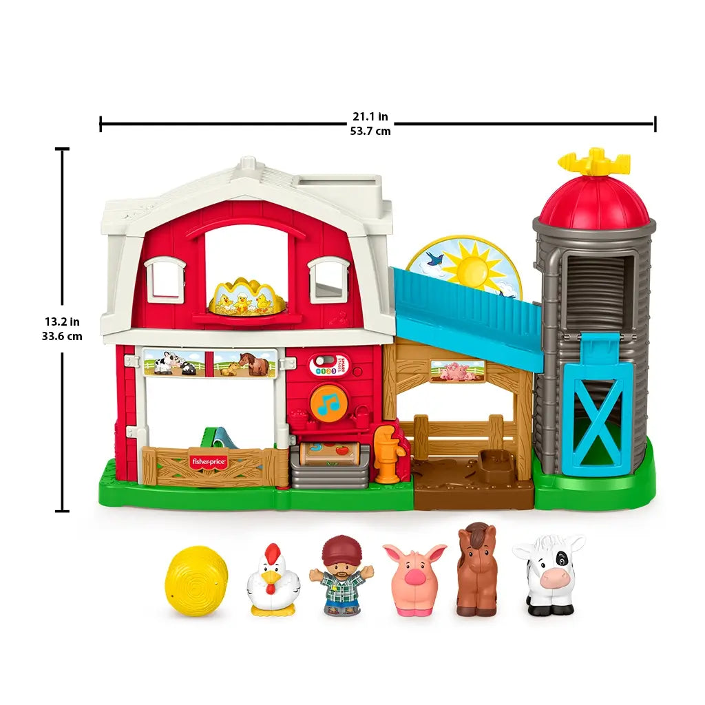Fisher-Price Little People Caring Fun Animal Farm playset showing full barn setup with animals, farmer, and size dimensions in inches and centimeters.