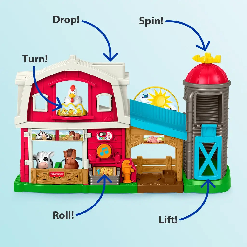 Interactive Fisher-Price Little People farm playset labeled with actions like drop, spin, roll, lift, and turn for engaging toddler play.
