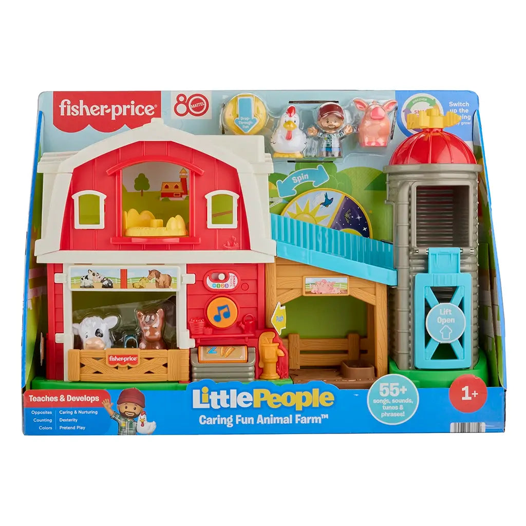 Front view of Fisher-Price Little People Caring Fun Animal Farm packaging showing included animals, farmer figure, and interactive features.