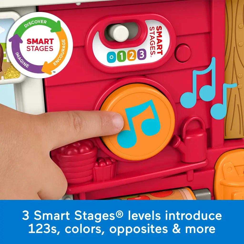 Fisher-Price Little People Caring Fun Animal Farm toy showing Smart Stages learning button for songs about colors, numbers, and opposites.