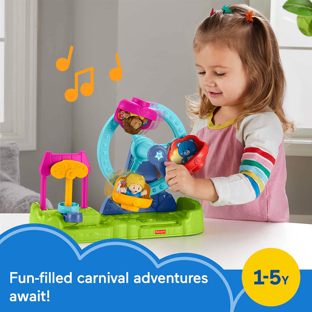Girl playing with the Little People Carnival Playset with words on image that say fun-filled carnival adventures wait. Also says the ages for this toy are 1-5 years