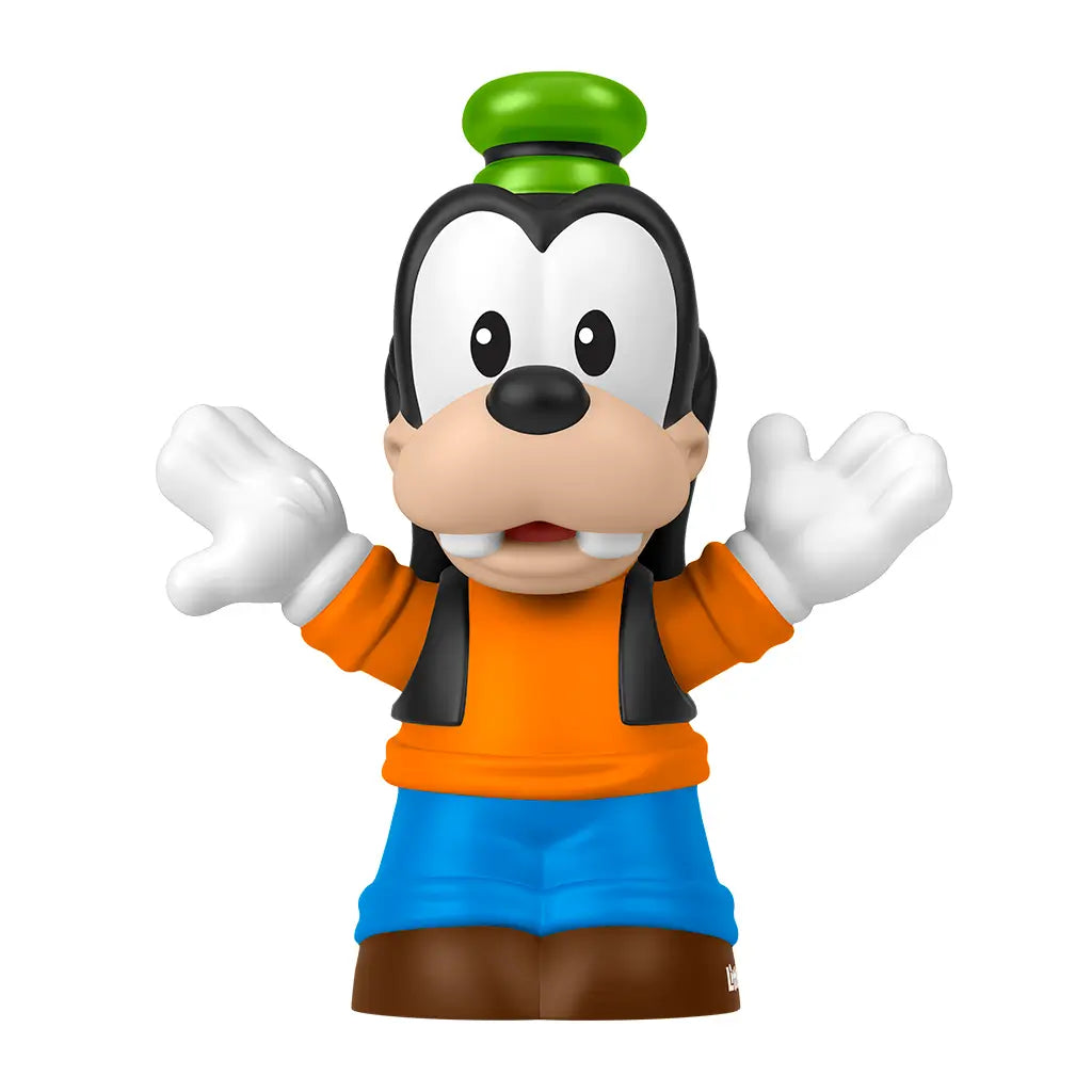 Fisher-Price Little People Goofy figure in orange shirt, blue pants, and green hat with friendly pose.