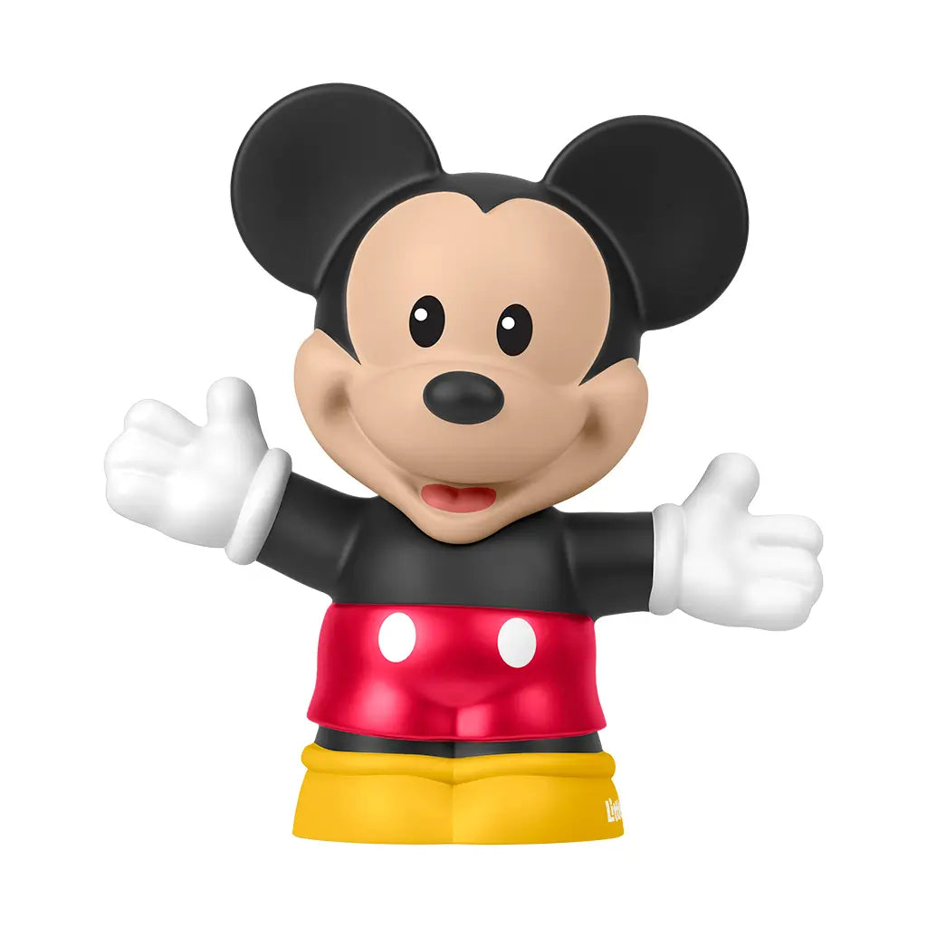 Fisher-Price Little People Mickey Mouse figure in classic red shorts with yellow shoes, smiling with open arms.