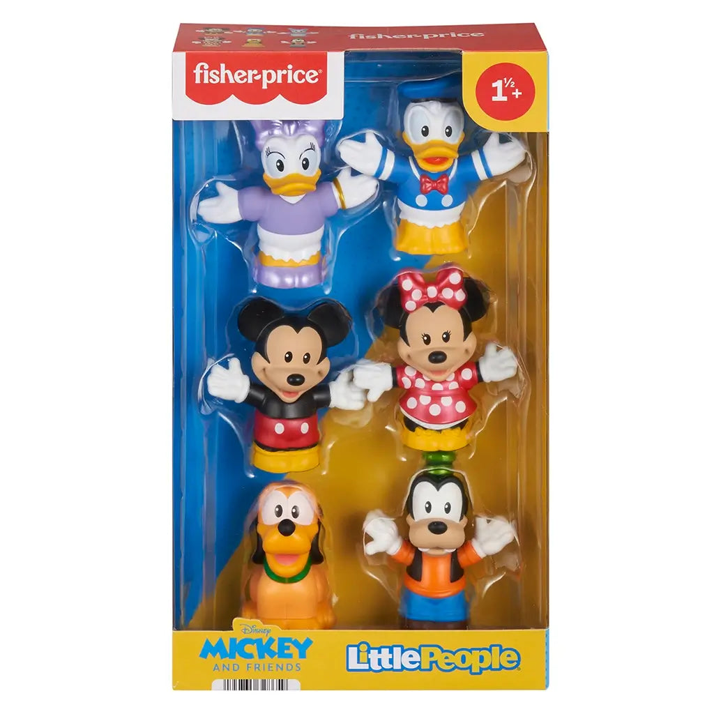Front view of Fisher-Price Little People Disney Mickey and Friends 6-piece figure set packaging showing all included characters.
