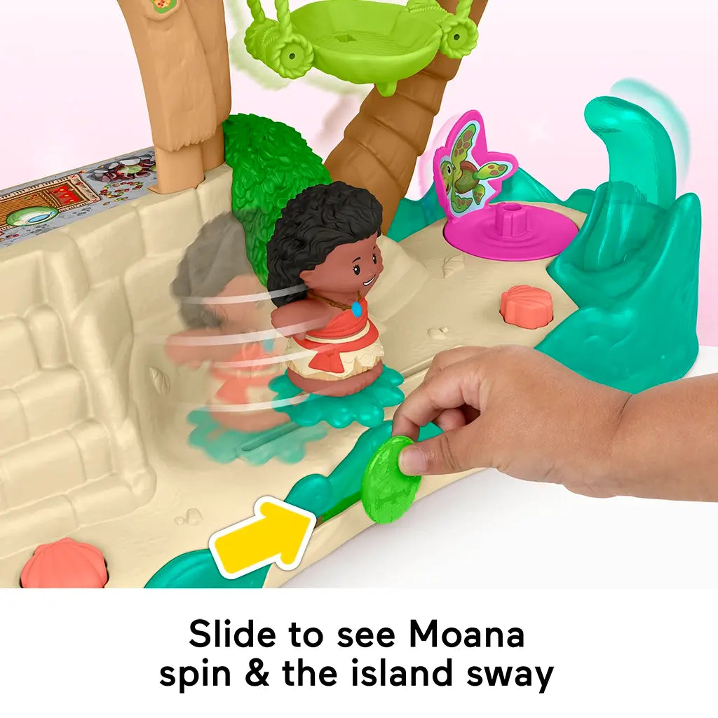 Moana figure from Fisher-Price Little People set spinning on island base as a hand slides a green lever, demonstrating interactive play with waves and island motion.