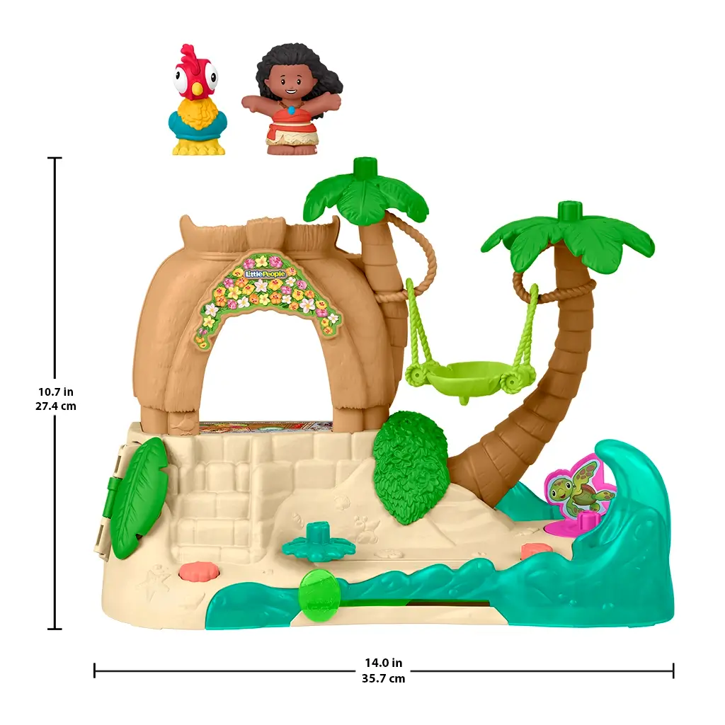 Fisher-Price Little People Disney Moana Adventure Village playset featuring a tan island base, green palm trees, hammock swing, and Moana and HeiHei figures with size measurements.