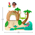Fisher-Price Little People Disney Moana Adventure Village playset featuring a tan island base, green palm trees, hammock swing, and Moana and HeiHei figures with size measurements.