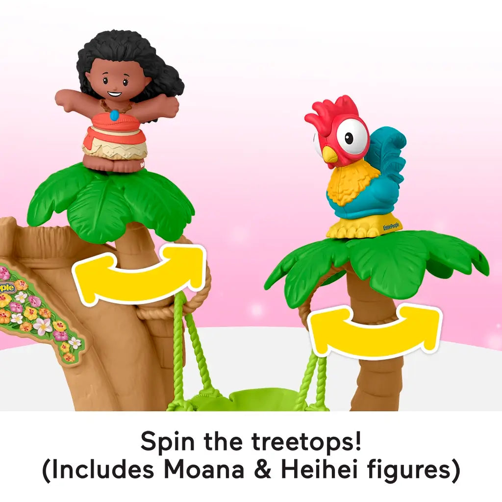 Fisher-Price Little People Disney Moana Adventure Village playset showing Moana and HeiHei figures on palm tree tops with rotating leaf platforms against a pink background.
