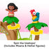 Fisher-Price Little People Disney Moana Adventure Village playset showing Moana and HeiHei figures on palm tree tops with rotating leaf platforms against a pink background.