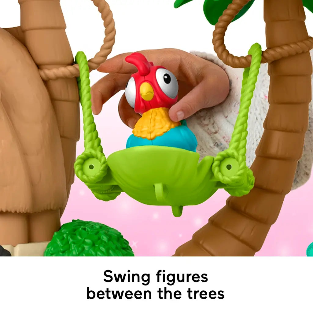 Fisher-Price Little People Disney Moana Adventure Village playset close-up showing HeiHei figure seated in green leaf swing between two brown palm trees.