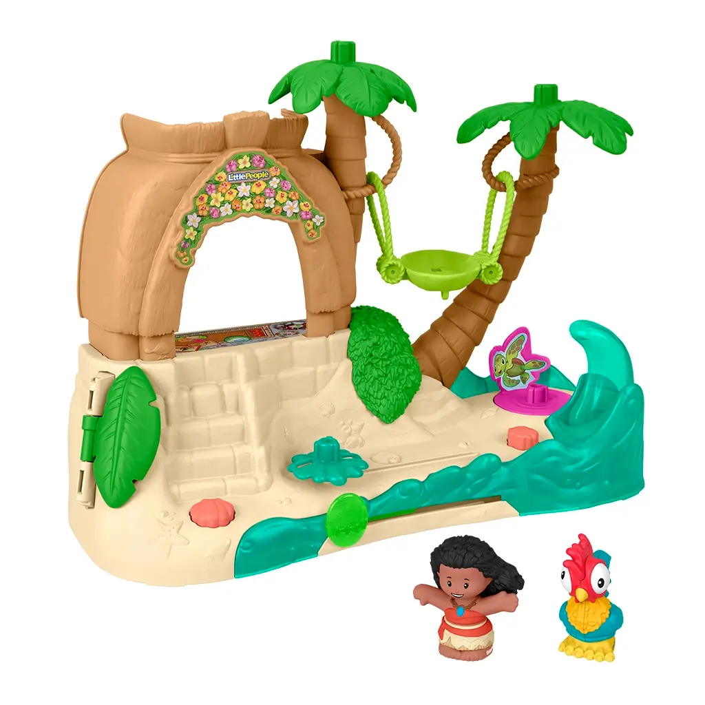 Fisher-Price Little People Disney Moana Adventure Village playset with tan island base, green palm trees, wave slide, hammock swing, and Moana and HeiHei toy figures.