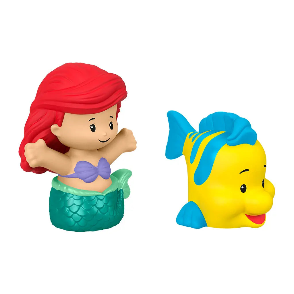 Disney Princess Ariel and Flounder Little People toy figures with glossy plastic finish, rounded shapes, red haired mermaid and yellow fish, angled product view on white studio background.