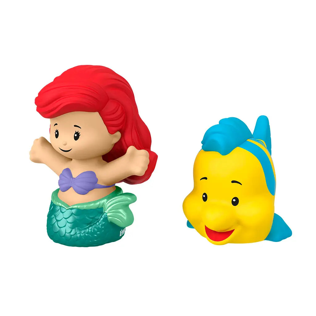 Disney Princess Ariel and Flounder Little People toy figures in glossy plastic, rounded child friendly shapes, red haired mermaid and smiling fish, angled view on clean white background.