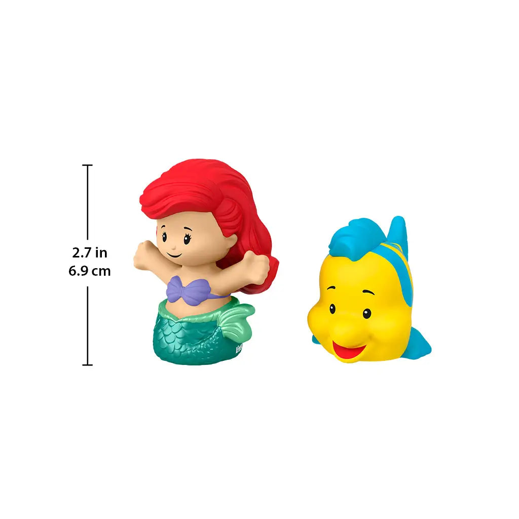 Disney Princess Ariel and Flounder Little People toy figures with bright plastic colors, smooth rounded forms, stylized characters with height measurement graphic, size reference on white background.