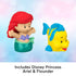 Disney Princess Ariel and Flounder Little People toy figures with vibrant red, yellow and teal plastic, smooth rounded forms, stylized mermaid and fish characters, displayed on soft gradient background.