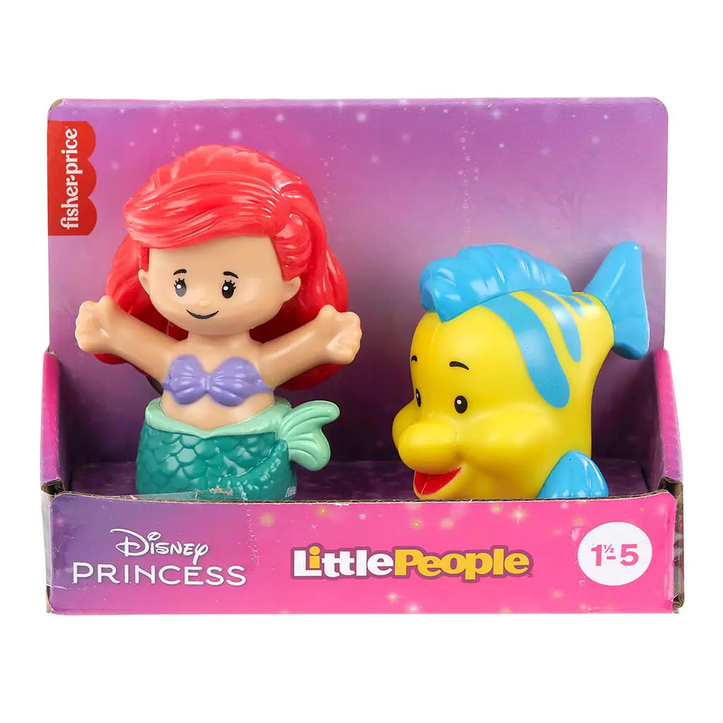 Disney Princess Ariel and Flounder Little People toy set in colorful cardboard and clear plastic packaging, smooth rounded figures visible, toddler character playset, retail display on pink backdrop.