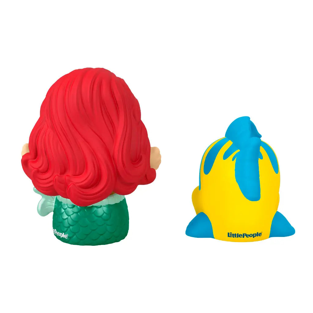 Disney Princess Ariel and Flounder Little People toy figures with smooth plastic texture, rounded shapes, rear view of mermaid and fish characters, toddler play figures on clean white background.