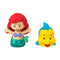 Disney Princess Ariel and Flounder Little People toy figures with vibrant plastic colors, smooth rounded forms, stylized mermaid and fish characters, isolated on white studio background.