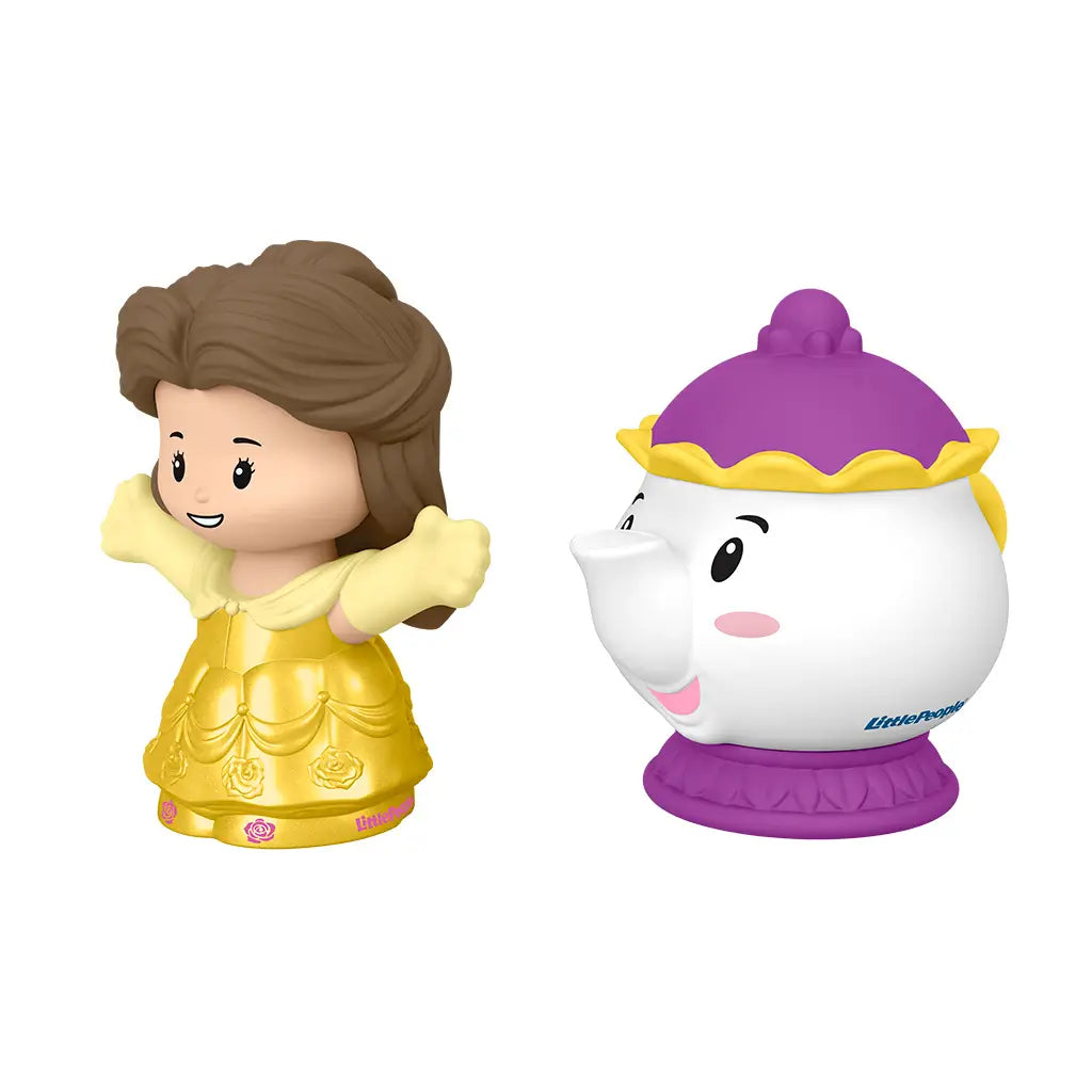 Disney Princess Belle toy angled view by Fisher-Price Little People with yellow molded dress figure and white teapot Mrs. Potts, rounded plastic forms displayed on clean white studio background