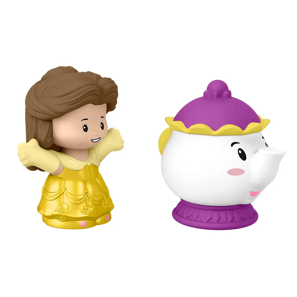 Disney Princess Belle toy side view by Fisher-Price Little People showing yellow plastic Belle figure and white teapot Mrs. Potts with purple lid, smooth shapes on minimal white backdrop