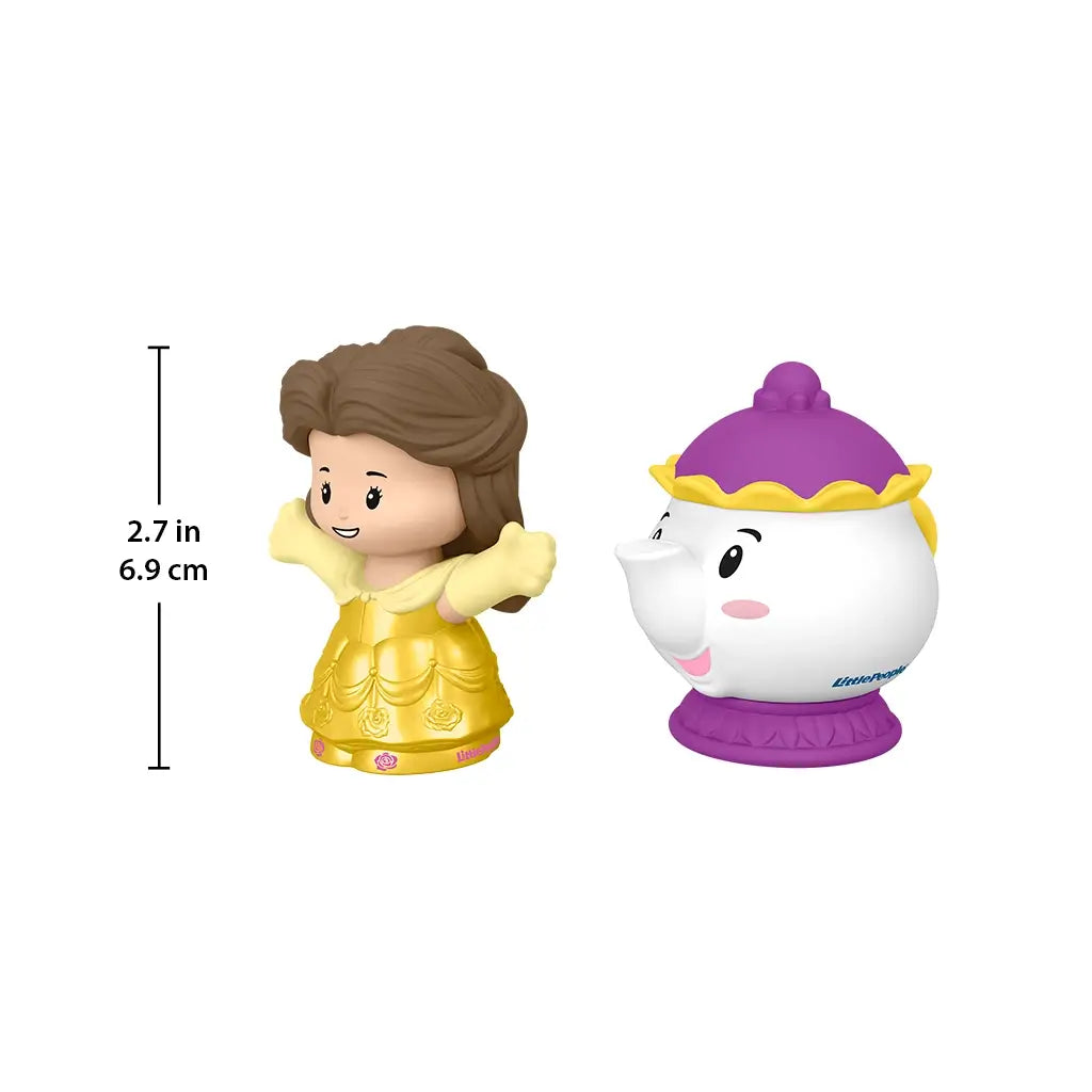Disney Princess Belle toy size comparison by Fisher-Price Little People with yellow Belle figure beside white teapot Mrs. Potts, measurement graphic showing 2.7 inch height on white background