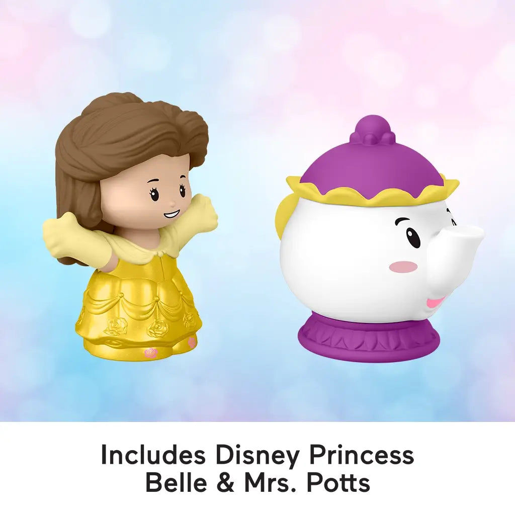 Disney Princess Belle toy figures by Fisher-Price Little People showing yellow Belle figure and white teapot Mrs. Potts on pastel gradient background with text indicating included characters