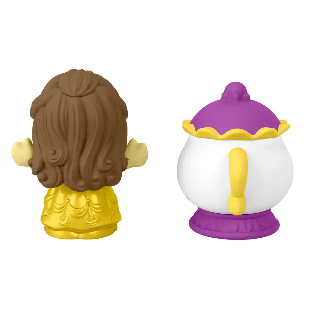Disney Princess Belle toy rear view by Fisher-Price Little People showing yellow plastic dress figure and white teapot Mrs. Potts with purple lid, smooth rounded shapes on plain white background