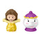 Disney Princess Belle toy front view by Fisher-Price Little People featuring yellow Belle figure and white teapot Mrs. Potts, rounded plastic shapes on clean white background display