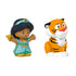 Disney Princess Jasmine and Rajah toy figures Little People with teal and gold plastic outfit, smooth rounded forms, stylized girl and tiger characters, designed for toddler imaginative play, on white background.